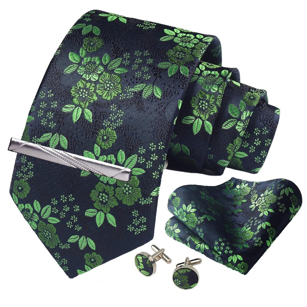 5171 Floral Black Green Tie Formal Necktie Pocket Squares Ties Clips